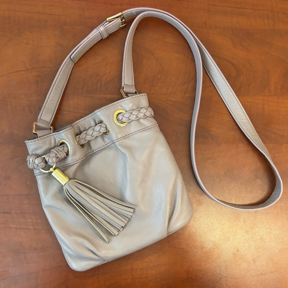 Michael Kors Light Gray Leather Crossbody Bucket Bag with Tassel